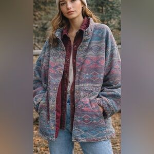 Vintage Reversible Southwestern Jacket Aztec Tribal Print Plum Quilted Coat L/XL